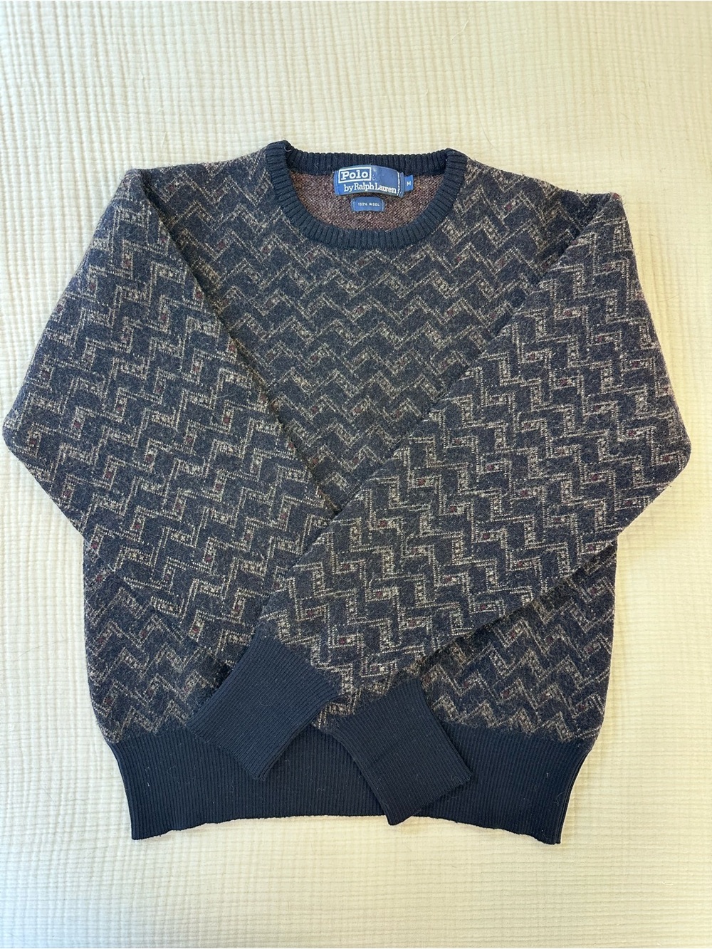 Vintage 1990s Polo Ralph Lauren 100% Wool Crew Neck Geometric Sweater Navy Grey